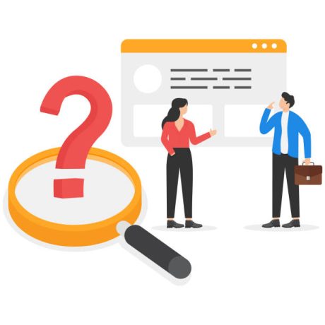 isometric vector illustration on a gray background, a question mark in a magnifying glass and people in business suits look at the browser window and discuss working moments